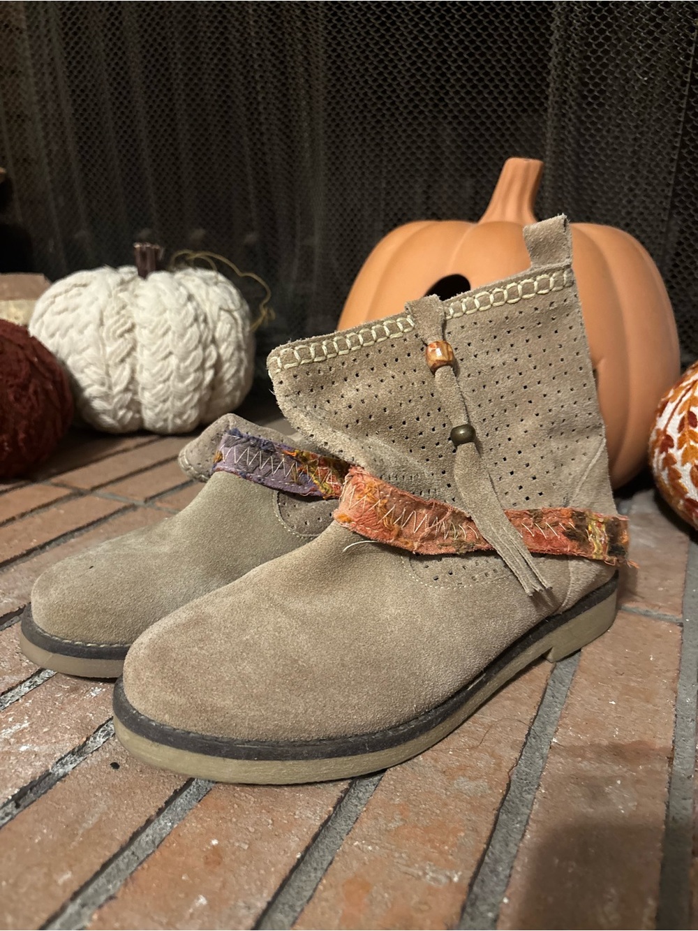 Coolway Taupe Suede Ankle Booties with Woven Accent Strap